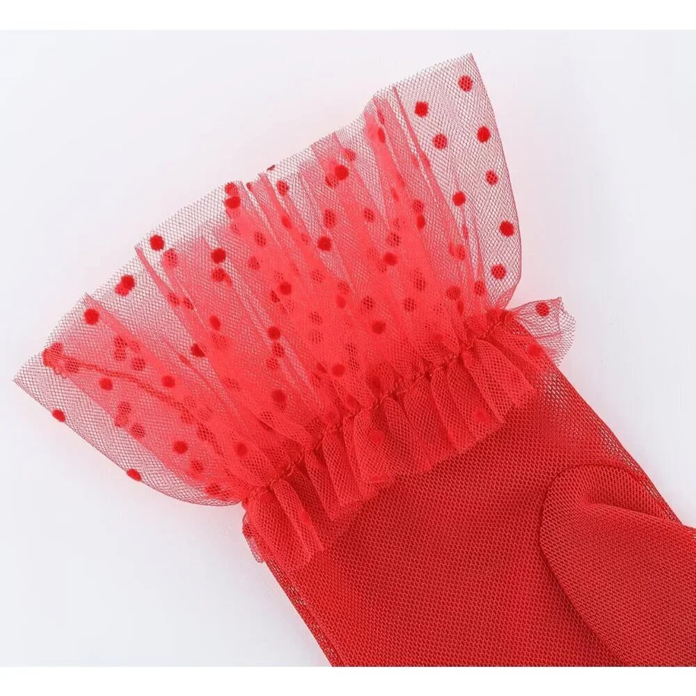 Women's Short Lace Dark Red Sheer Mesh Tea Party Prom Gloves Banquet Costume